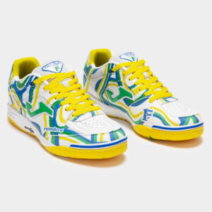 Pair of JOMA Top Flex Rebound 2442 futsal shoes in white and green, angled view highlighting cushioning and flexible design.