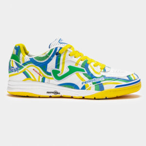 JOMA Top Flex Rebound 2442 futsal shoe in white and green, side view showing leather upper with VTS ventilation and toe protection.